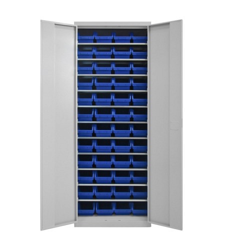ADB Werkzeugschrank mit 11 Fachböden und 48 Sichtlagerkästen blau