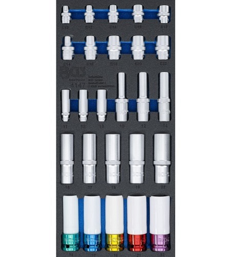 Werkstattwageneinlage 1/3: Steckschlüssel-Einsätze | Sechskant, tief 11 - 22 mm | E-Profil E10 - E22 | 6,3 mm (1/4"), 10 mm (3/8"), 12,5 mm (1/2") | 26-tlg.