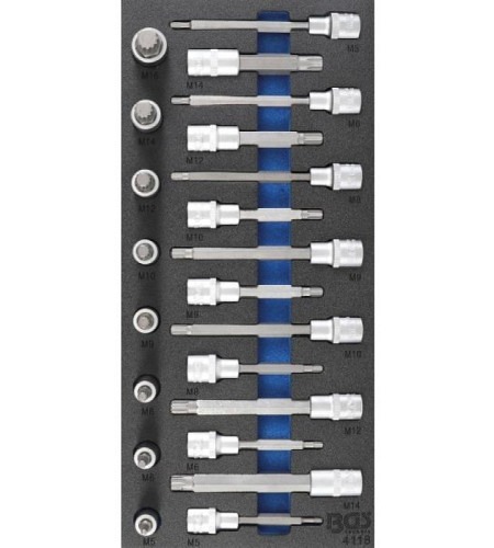 Werkstattwageneinlage 1/3: Bit-Einsatz-Satz | Antrieb Innenvierkant 12,5 mm (1/2") | Innenvielzahn (für XZN) | 22-tlg.