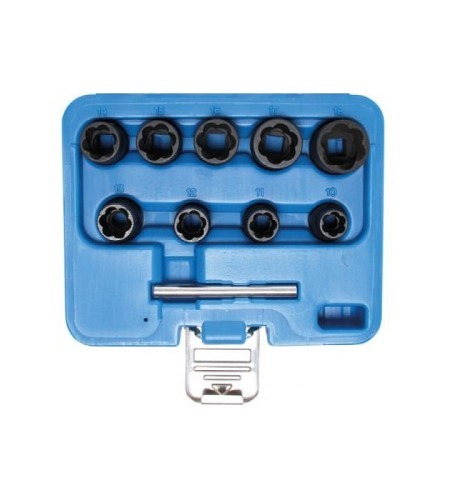 Spezial-Steckschlüssel-Einsatz-Satz / Schraubenausdreher | Antrieb Innenvierkant 10 mm (3/8") | SW 10 - 19 mm | 10-tlg.