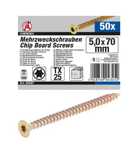 Mehrzweckschrauben | T-Profil (für Torx) T25 | 5,0 x 70 mm | 50 Stück