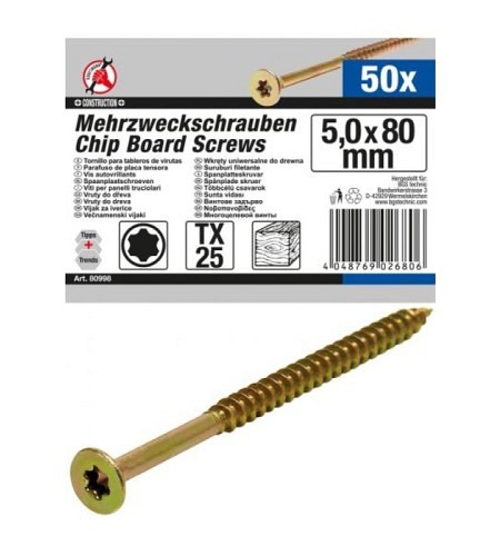 Mehrzweckschrauben | T-Profil (für Torx) T25 | 5,0 x 80 mm | 50 Stück