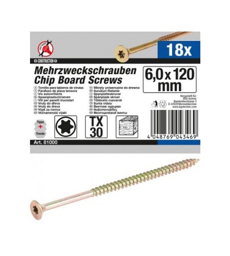 Mehrzweckschrauben | T-Profil (für Torx) T30 | 6,0 x 120 mm | 18 Stück